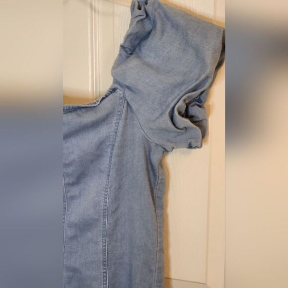 Blushe L  Boho OffShoulder Puff Sleeve Button Front Bodycon MiniDress LightDenim - Picture 11 of 11